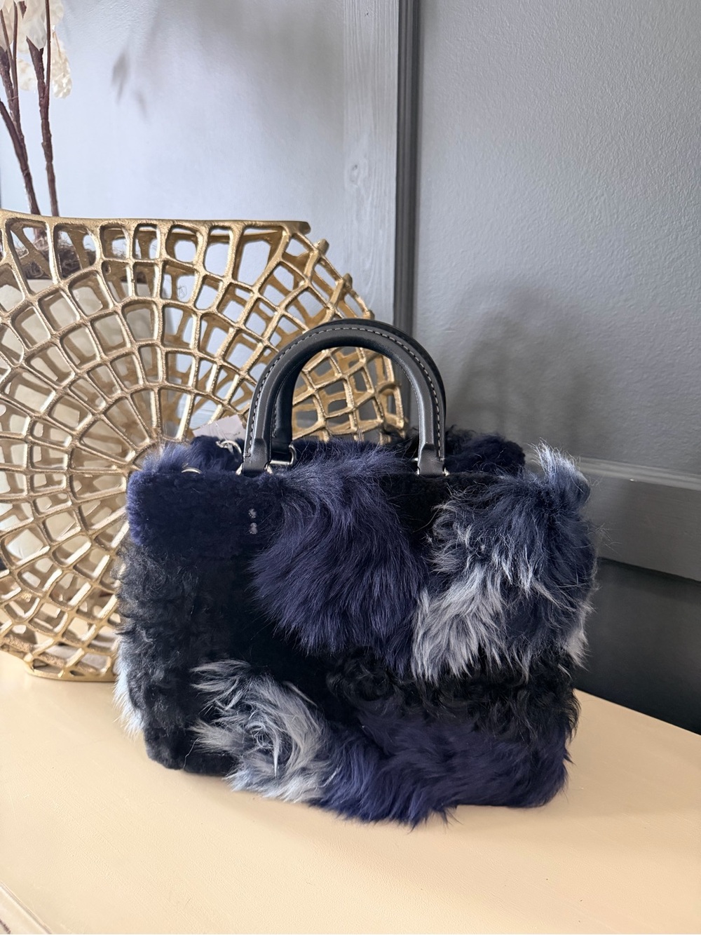 Coach Shearling Patchwork Rogue 25 Navy & Black w/Silver hardware | NWT - Picture 6 of 9